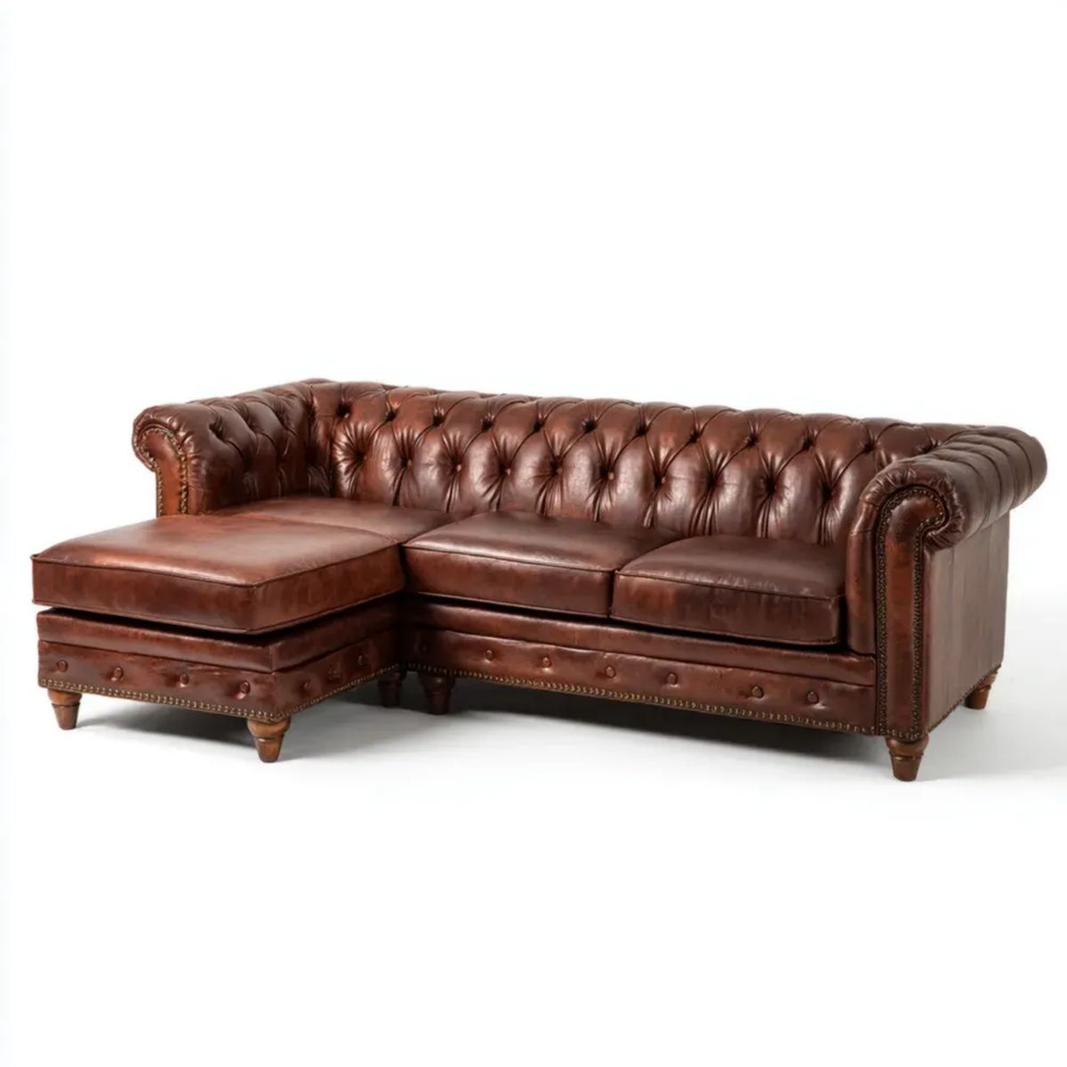 Lewostronna sofa narożna Chesterfield z szezlongiem, brązowa, tapicerka PU, 275 × 165 × 75 cm