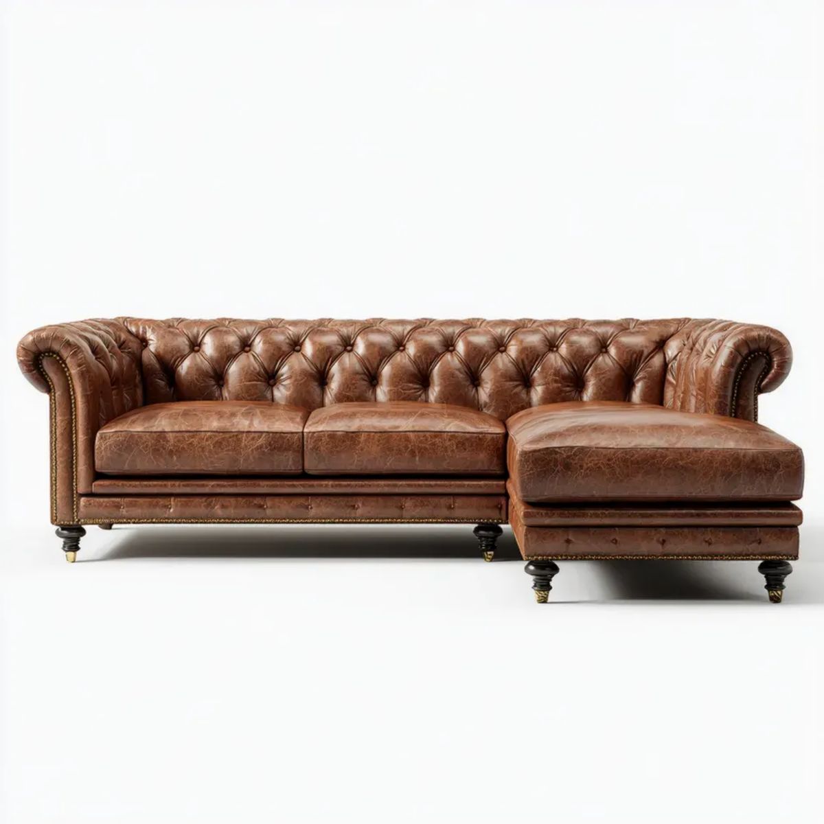Brązowa sofa narożna Chesterfield ze skóry syntetycznej PU w kształcie L, 285 x 170 x 78 cm