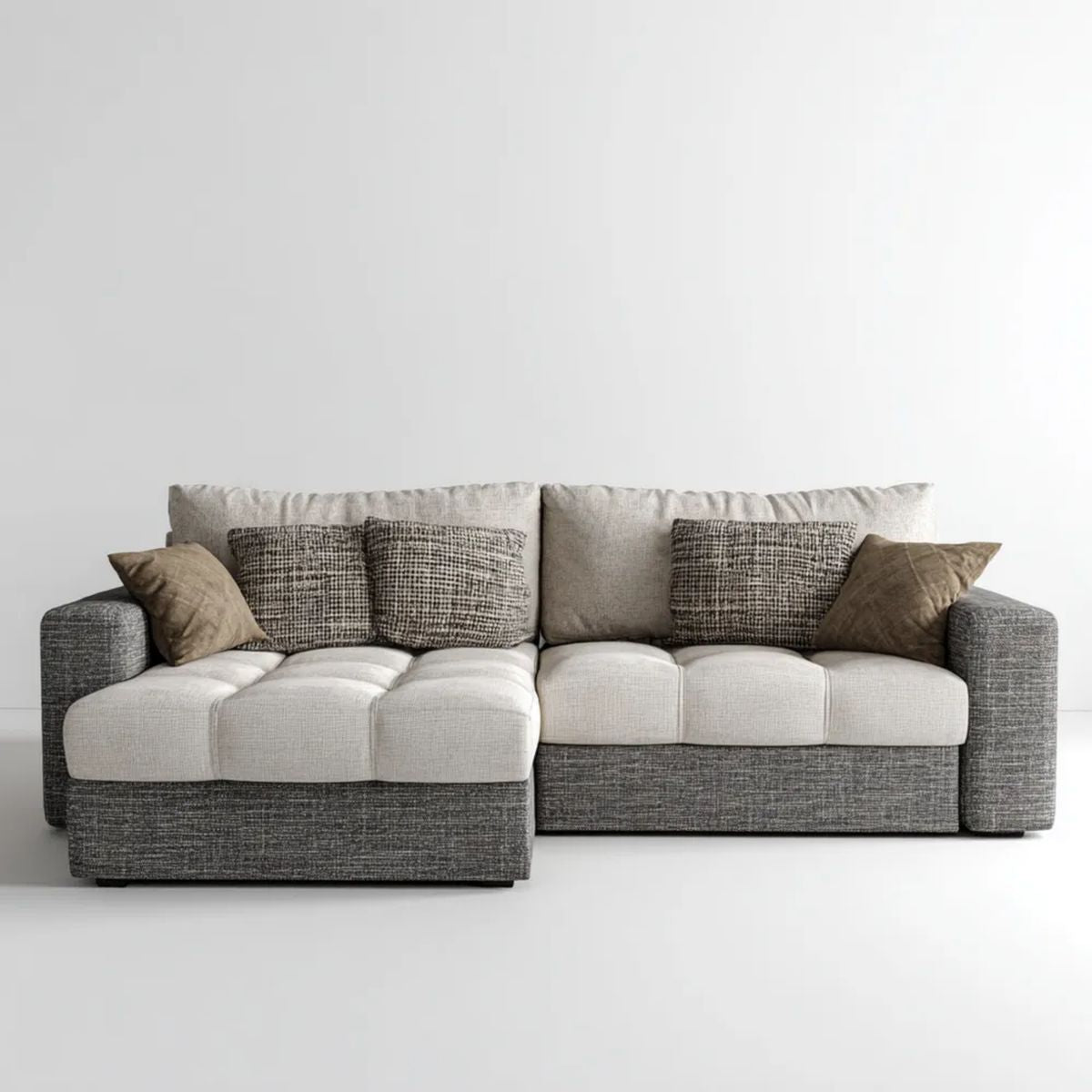 Sofa narożna z lewym szezlongiem, szaro-beżowo-brązowa, tapicerowana tkaniną, 260 × 160 × 88 cm