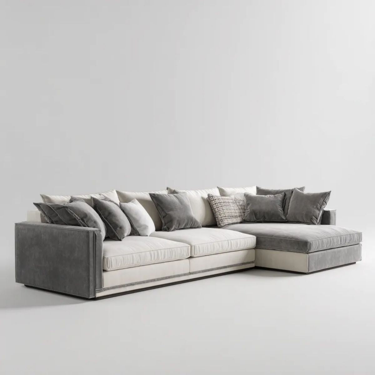 Sofa narożna z szezlongiem w kształcie L, szaro-kremowa, poliestrowa, 300 x 180 x 85 cm