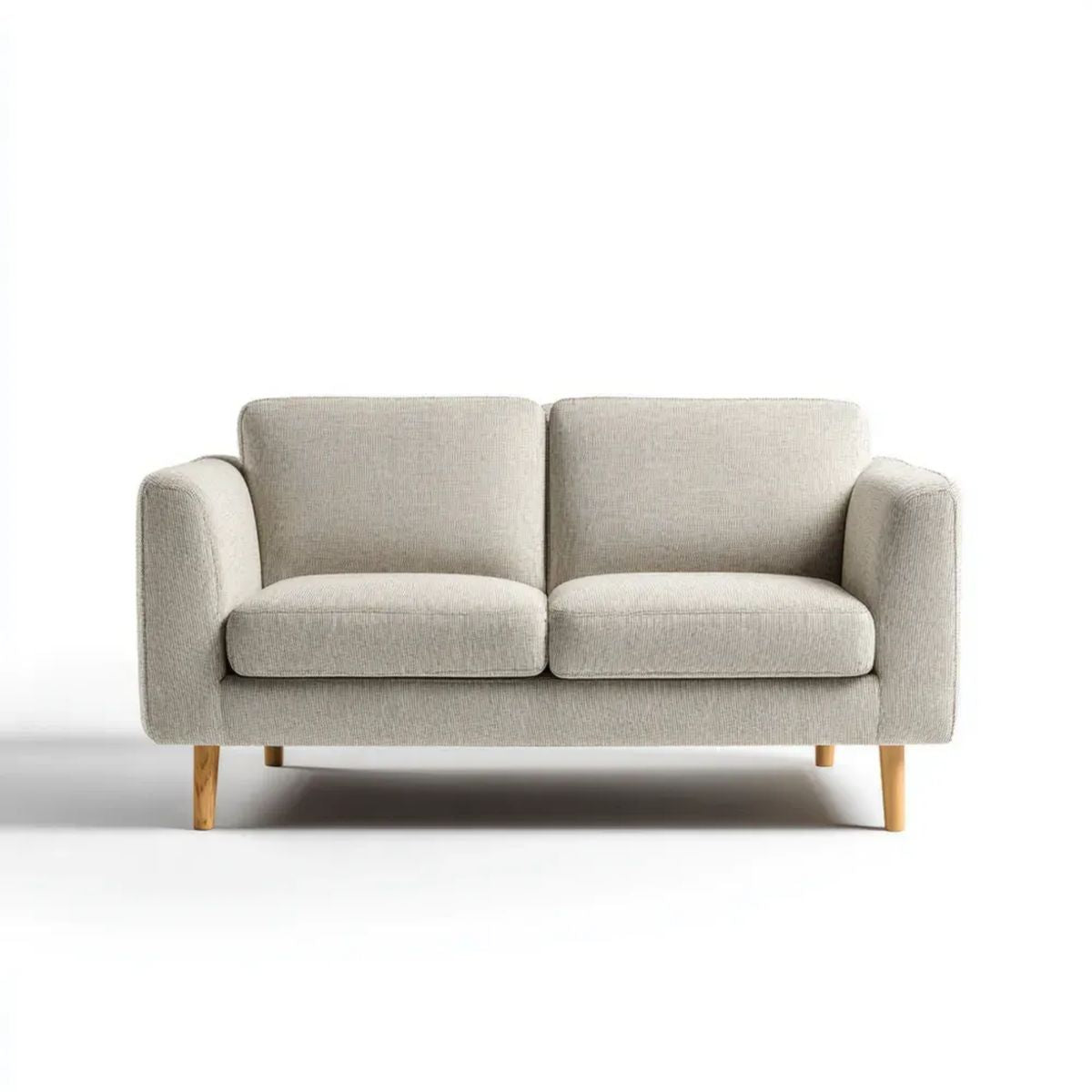 Dwuosobowa sofa beżowa z tapicerką poliestrową i drewnianymi nogami, 140 × 78 × 82 cm