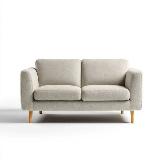 Dwuosobowa sofa beżowa z tapicerką poliestrową i drewnianymi nogami, 140 × 78 × 82 cm