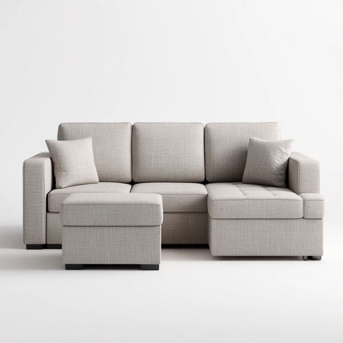 Sofa narożna z otomaną jasnoszara, tapicerka poliestrowa, prawostronny szezlong, 250 x 160 x 85 cm