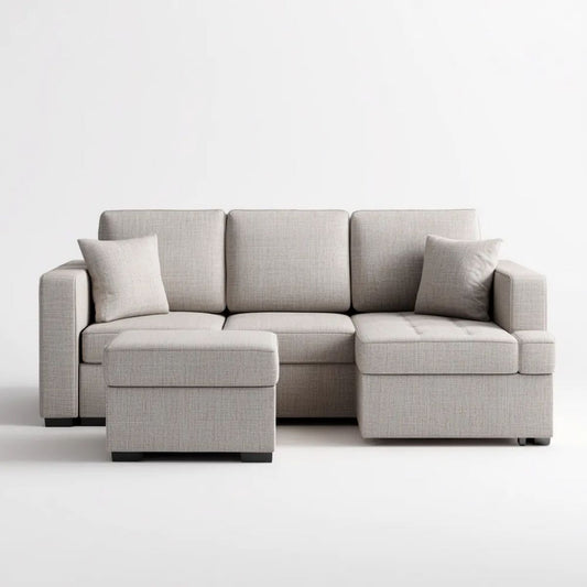 Sofa narożna z otomaną jasnoszara, tapicerka poliestrowa, prawostronny szezlong, 250 x 160 x 85 cm