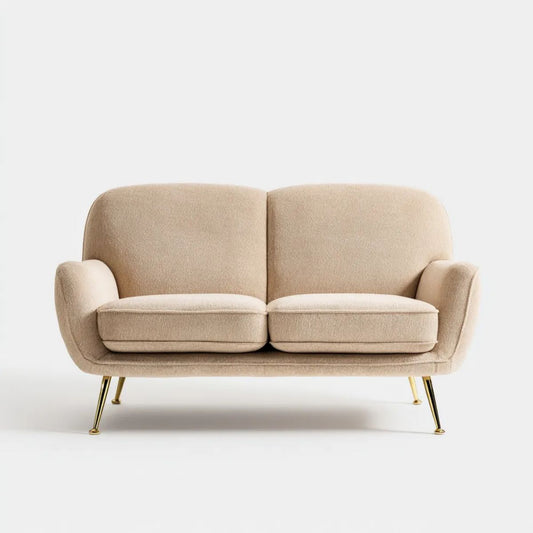 Dwuosobowa sofa z tkaniny beżowa ze złotymi nogami, 140 x 80 x 78 cm