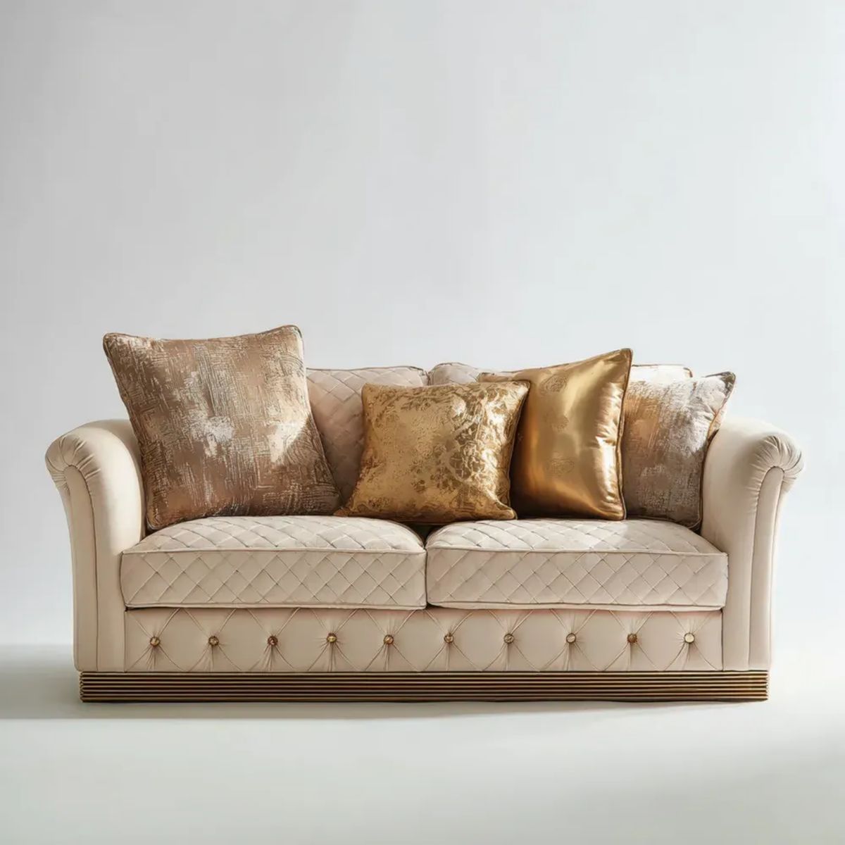 Kremowa dwuosobowa sofa aksamitna 180 x 90 x 85 cm ze złotą listwą
