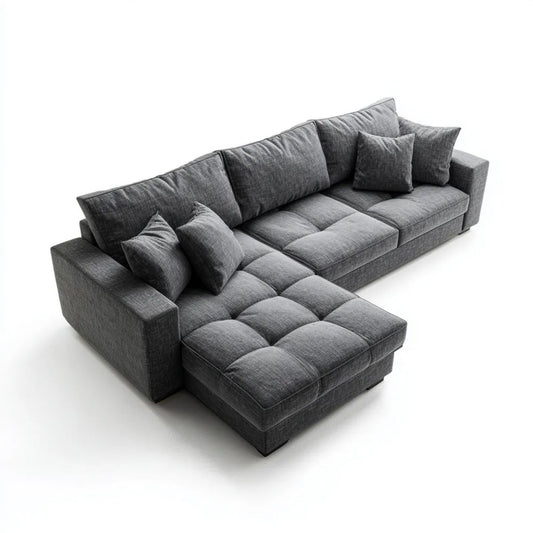 Grafitowa sofa narożna z szezlongiem z tkaniny poliestrowej, lewostronna, 300 × 210 × 85 cm, kształt L