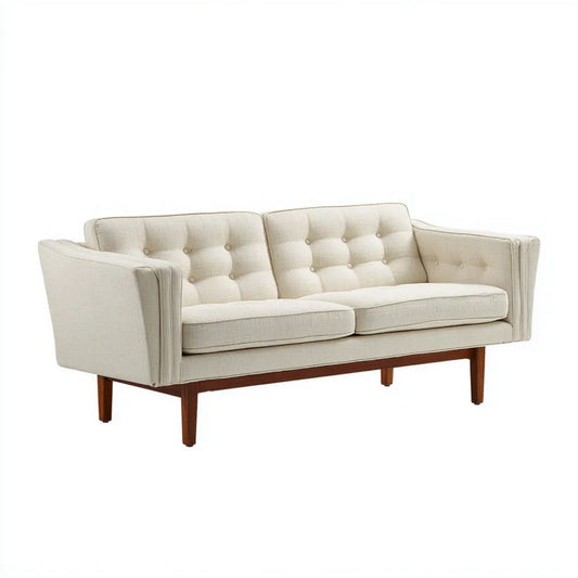 Dwuosobowa sofa kremowa z tapicerką poliestrową i drewnianymi nogami, 180 x 82 x 84 cm