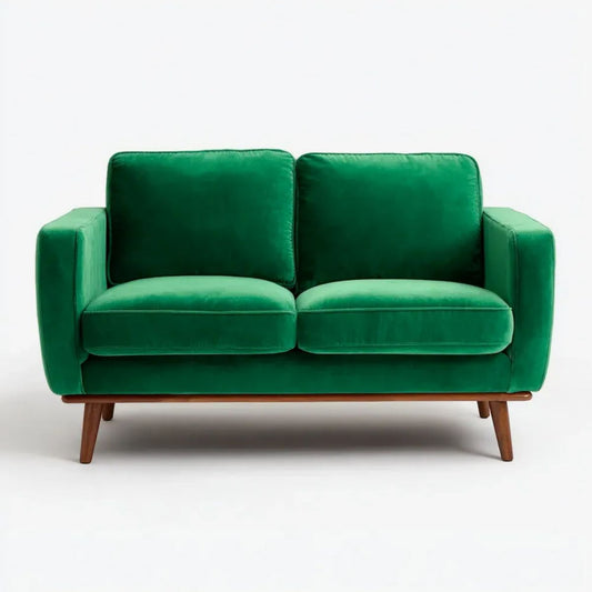 Zielona sofa dwuosobowa z aksamitu z drewnianymi nogami, 150 × 85 × 82 cm, retro