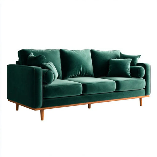 Trzyosobowa sofa aksamitowa w ciemnej zieleni z drewnianymi nogami, 230 x 92 x 85 cm