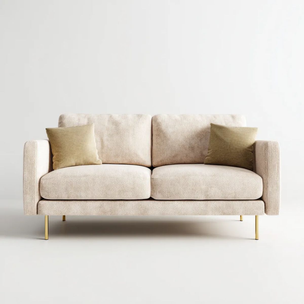 Beżowa sofa dwuosobowa z tapicerką poliestrową, poduszkami khaki i stalowymi nogami, 180 x 90 x 84 cm