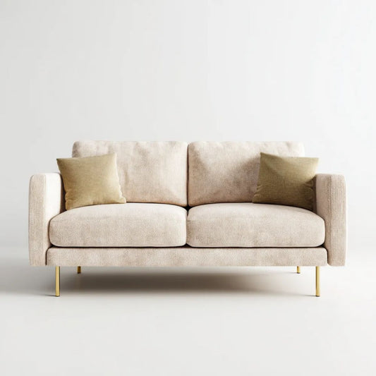 Beżowa sofa dwuosobowa z tapicerką poliestrową, poduszkami khaki i stalowymi nogami, 180 x 90 x 84 cm