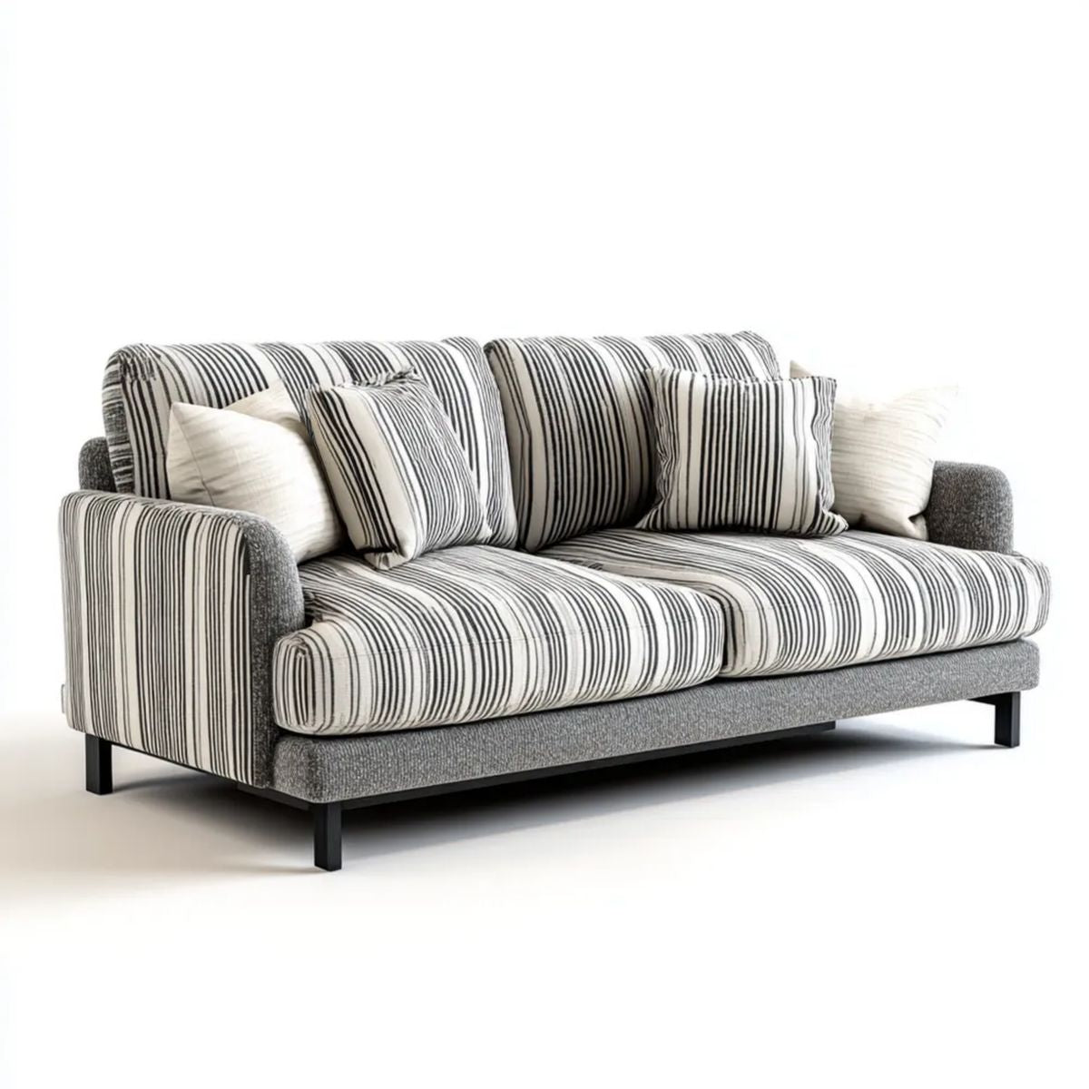 Trzyosobowa sofa tapicerowana z poliestru w paski, szaro-biało-czarna, 220 x 95 x 88 cm