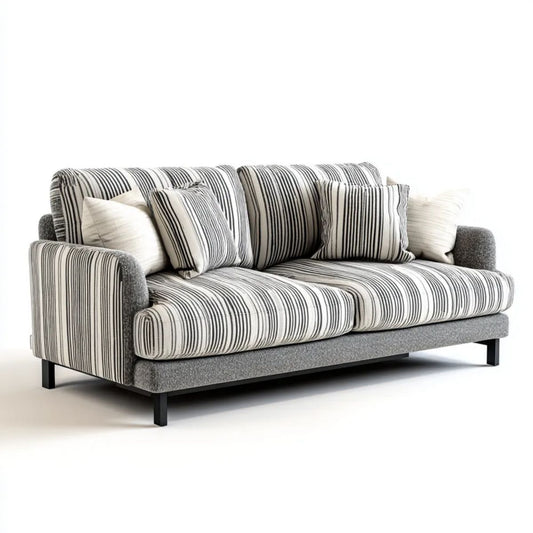 Trzyosobowa sofa tapicerowana z poliestru w paski, szaro-biało-czarna, 220 x 95 x 88 cm