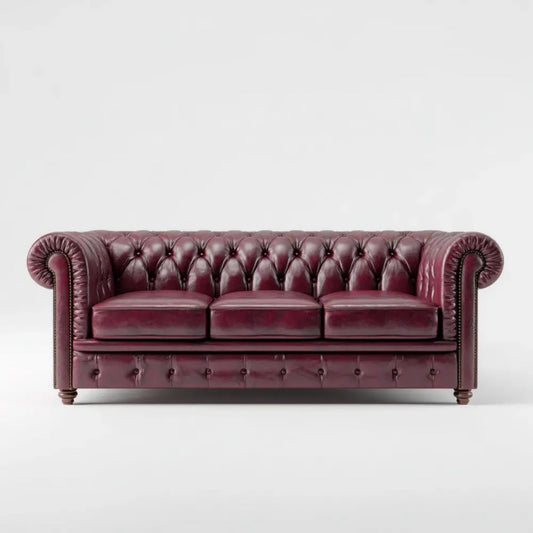 Trzyosobowa sofa Chesterfield z tapicerką z PU, bordowa, 225 x 90 x 75 cm