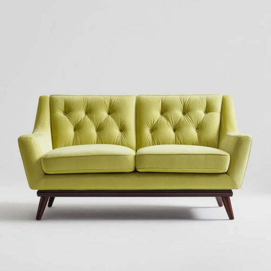Dwuosobowa sofa z aksamitu limonkowa z ciemnobrązowymi drewnianymi nogami, 140 x 80 x 90 cm