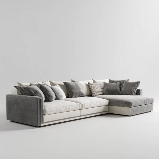 Sofa narożna z szezlongiem w kształcie L, szaro-kremowa, poliestrowa, 300 x 180 x 85 cm