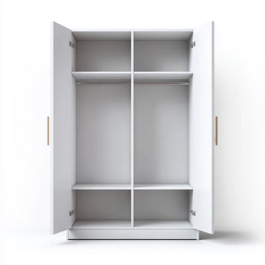 Biała dwudrzwiowa szafa z płyty wiórowej laminowanej 120 × 52 × 200 cm z drążkami i półkami