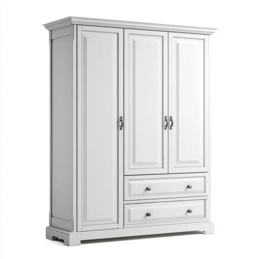 Biała trzydrzwiowa szafa z płyty MDF 150 × 55 × 200 cm z 2 szufladami