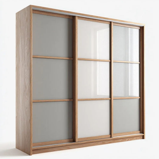 Trzydrzwiowa szafa przesuwna MDF dąb jasny ze szkłem matowym 180 x 60 x 200 cm