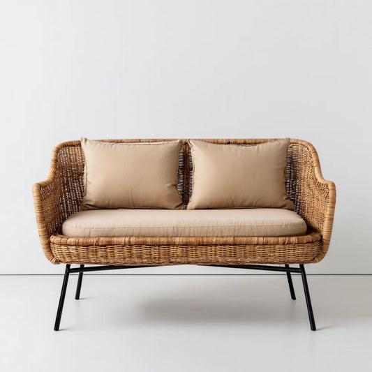 Dwuosobowa sofa ogrodowa z rattanu i stali, beżowa, 120 x 70 x 82 cm