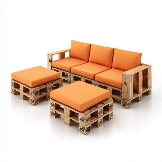 Ogrodowy zestaw mebli z palet – sofa 3-osobowa z 2 pufami, drewno, naturalny jasnobrązowy/pomarańczowy, 240 x 80 x 80 cm