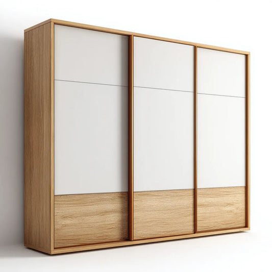 Trzydrzwiowa szafa przesuwna z płyty wiórowej laminowanej, biały/dąb naturalny, 250 x 60 x 215 cm