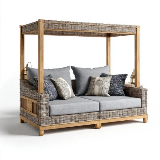 Dwuosobowa sofa ogrodowa z baldachimem z rattanu i drewna akacjowego, naturalny brąz/szary, 200 x 90 x 200 cm
