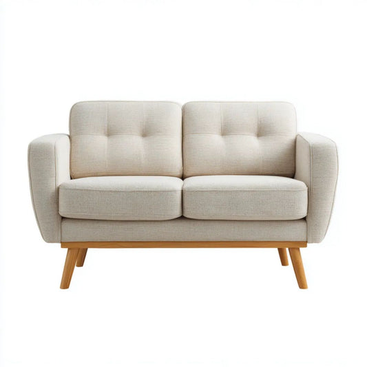 Beżowa sofa dwuosobowa z tapicerką poliestrową i drewnianymi nogami, 140 × 80 × 84 cm